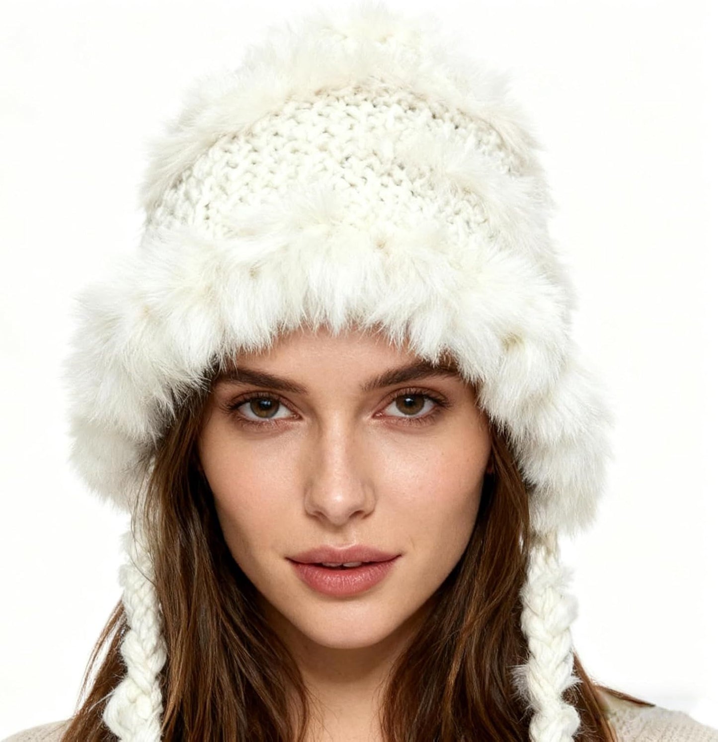 Women's Thick Rabbit Fur Knit Beanie Hat with Nordic Braids for Winter Warm, Ear Protection Thermal Headwear