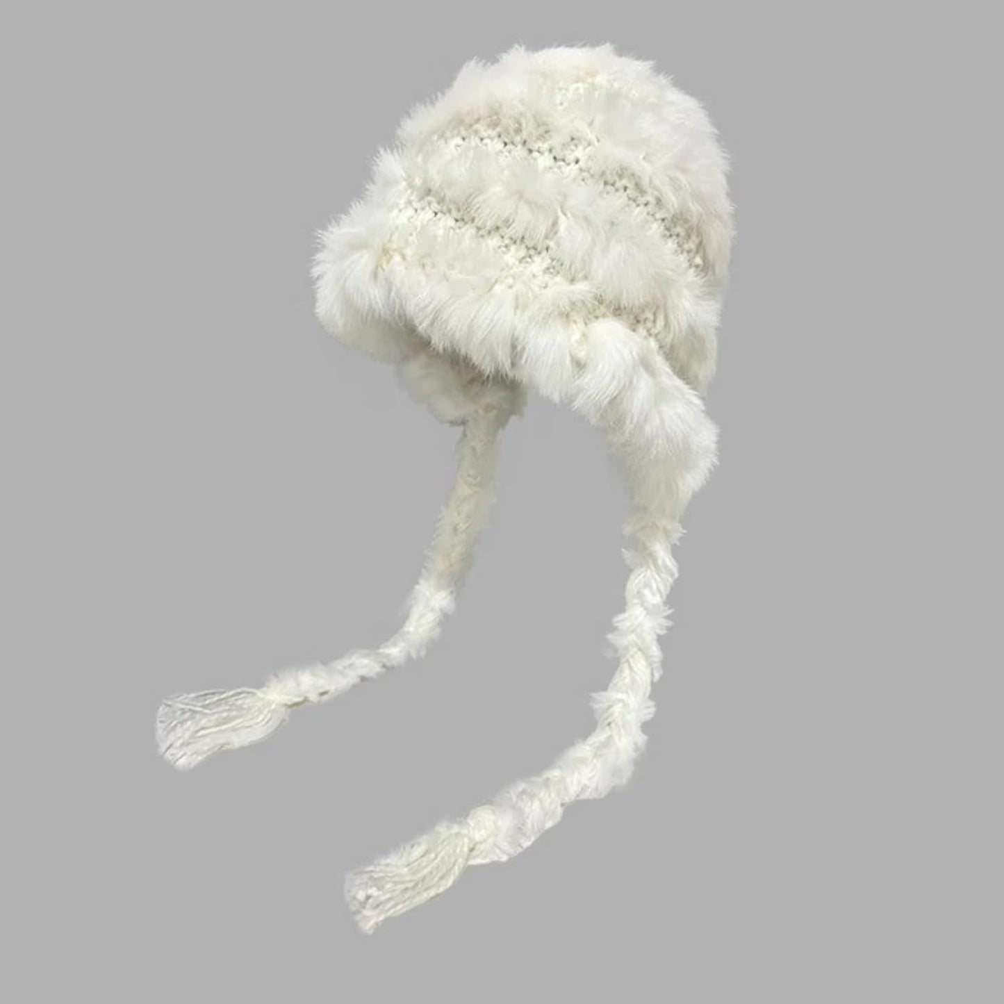 Women's Thick Rabbit Fur Knit Beanie Hat with Nordic Braids for Winter Warm, Ear Protection Thermal Headwear