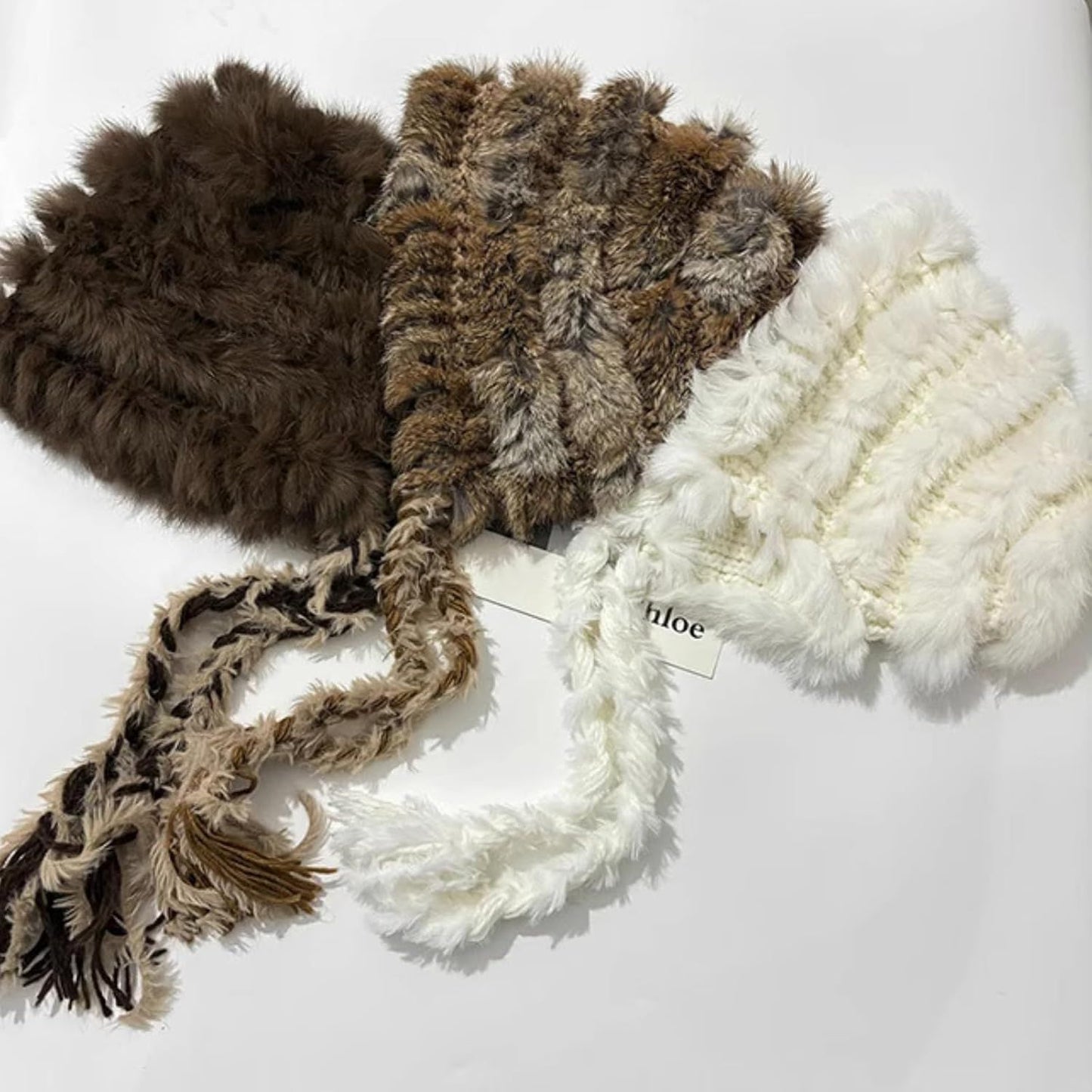 Women's Thick Rabbit Fur Knit Beanie Hat with Nordic Braids for Winter Warm, Ear Protection Thermal Headwear