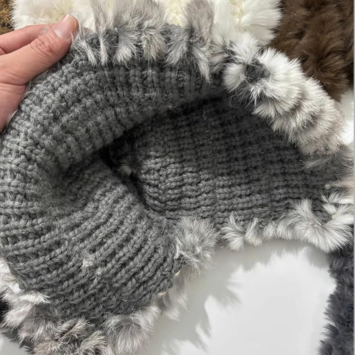 Women's Thick Rabbit Fur Knit Beanie Hat with Nordic Braids for Winter Warm, Ear Protection Thermal Headwear