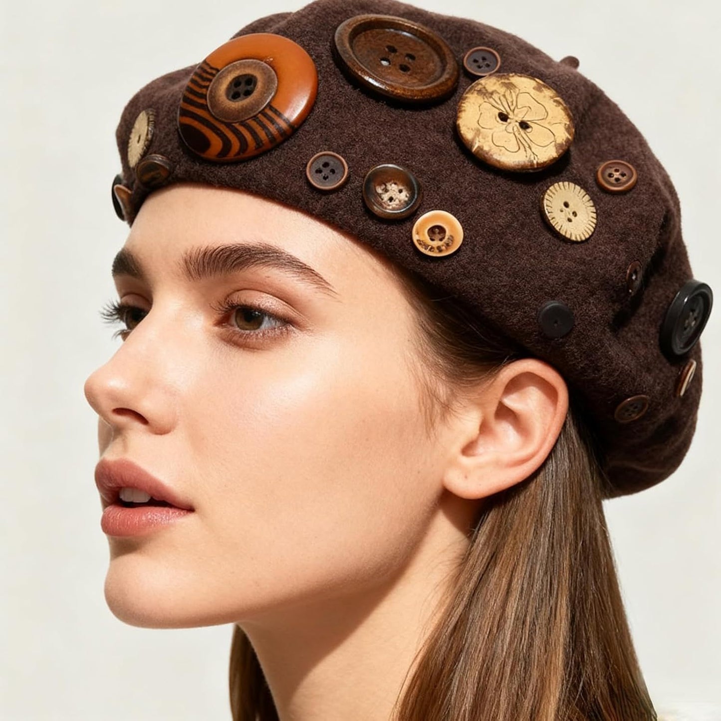 Women's Wool Blend Felt Beret Hat with Retro Button Detail, Fall Winter Fashion Artistic Cap Korean Style