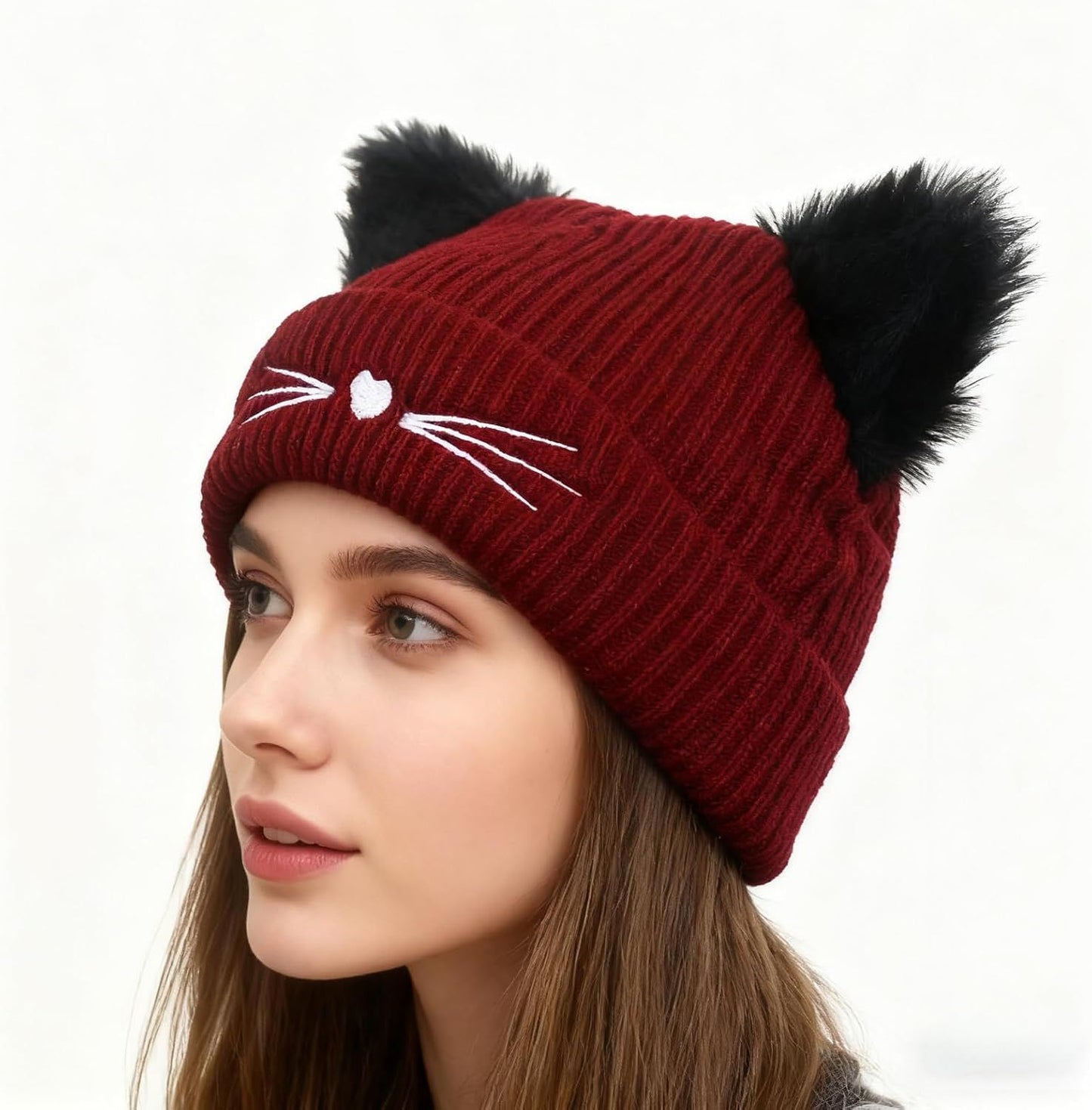Knit Beanie with Cute Plush Cat Ear Embroidery for Women Girls, Winter Thick Warm Hats Fashion Accessory