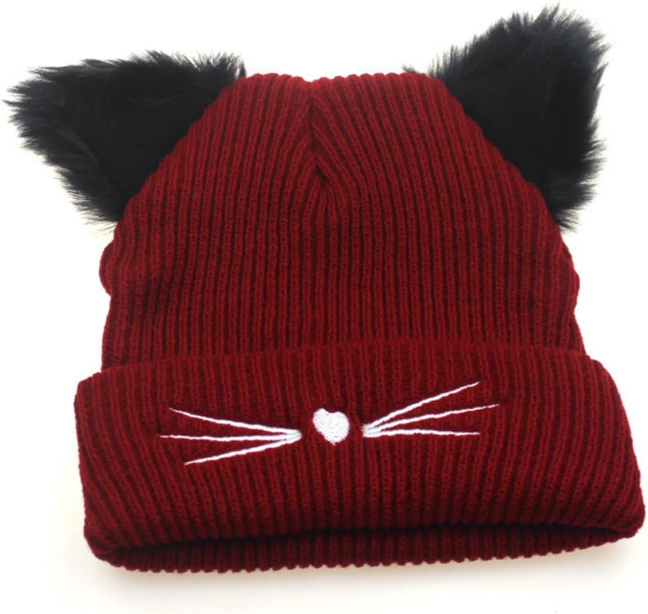 Knit Beanie with Cute Plush Cat Ear Embroidery for Women Girls, Winter Thick Warm Hats Fashion Accessory