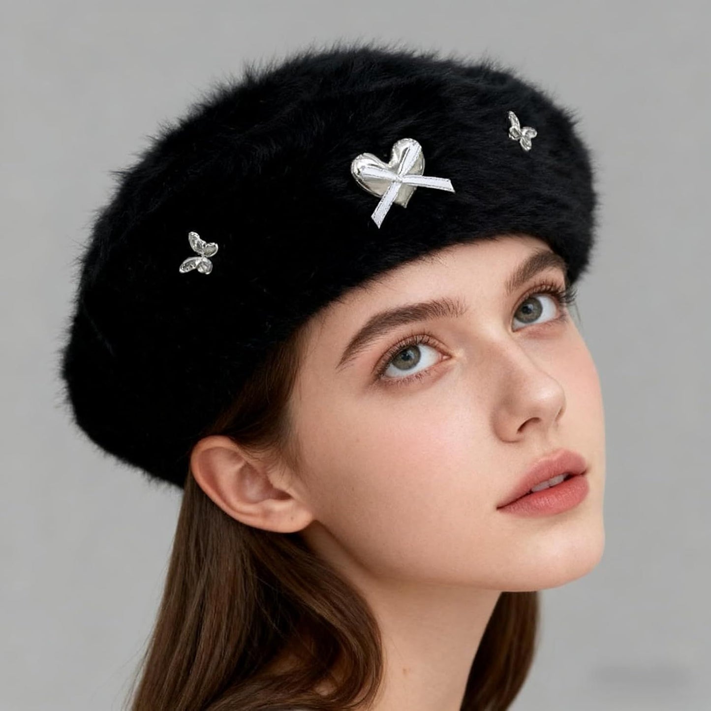 Fuzzy Faux Fur Beret with Heart Bow Butterfly Metal Gems for Women, Winter Atmosphere Artist Hat for A Slim Face Look