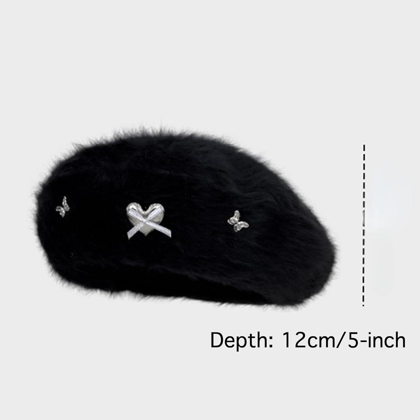 Fuzzy Faux Fur Beret with Heart Bow Butterfly Metal Gems for Women, Winter Atmosphere Artist Hat for A Slim Face Look