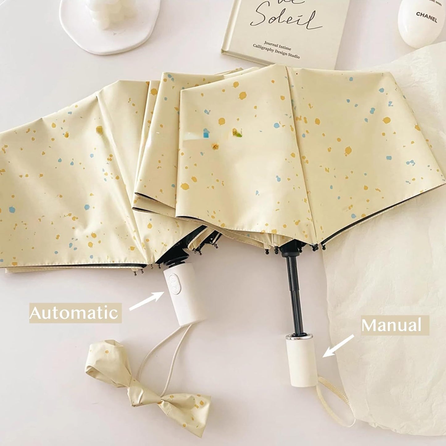 Cheesy Beige Rain & Shine Auto/Manual Foldable Umbrella for UPF 50+ UV Protection, Stylish Sun Parasol with Black Coating