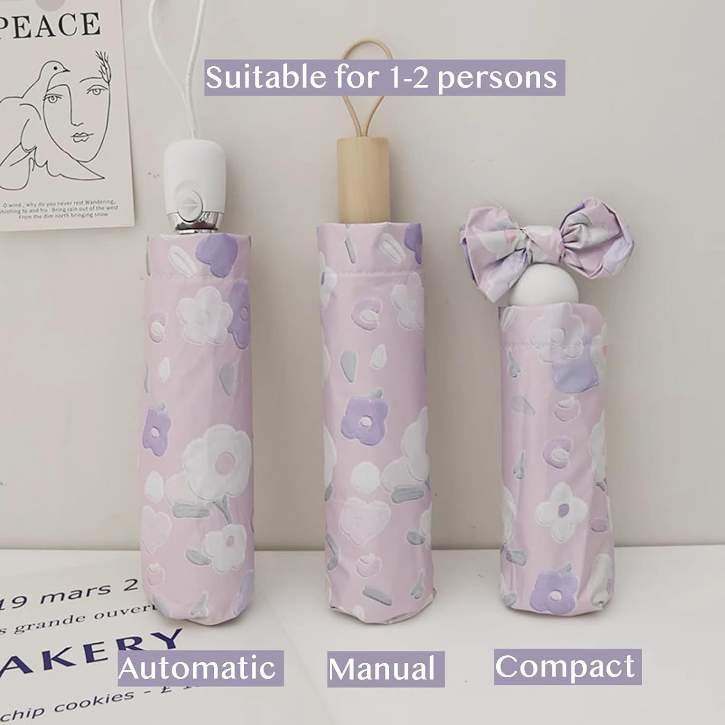 Women's Purple Floral Auto-open Sun & Rain Umbrella, UV Protection Compact Travel Umbrellas UPF 50+ with Cover Bag