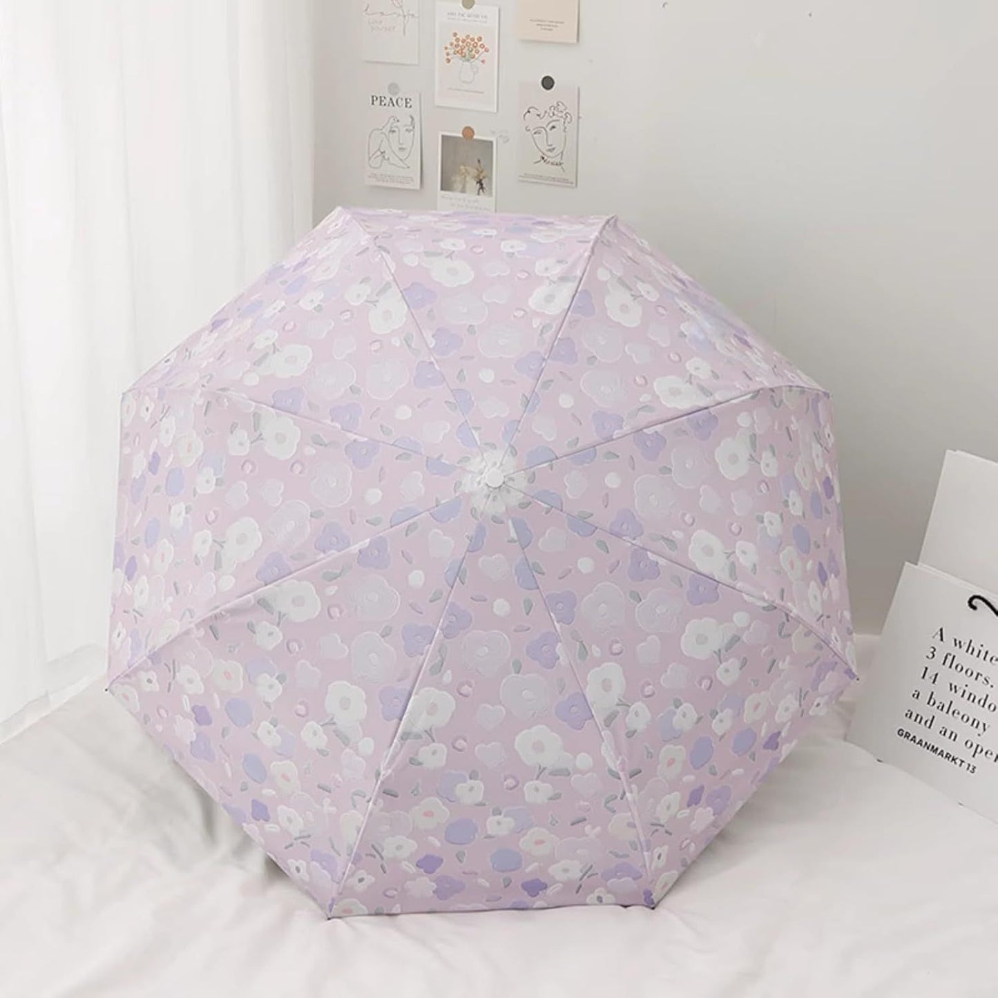 Women's Purple Floral Auto-open Sun & Rain Umbrella, UV Protection Compact Travel Umbrellas UPF 50+ with Cover Bag