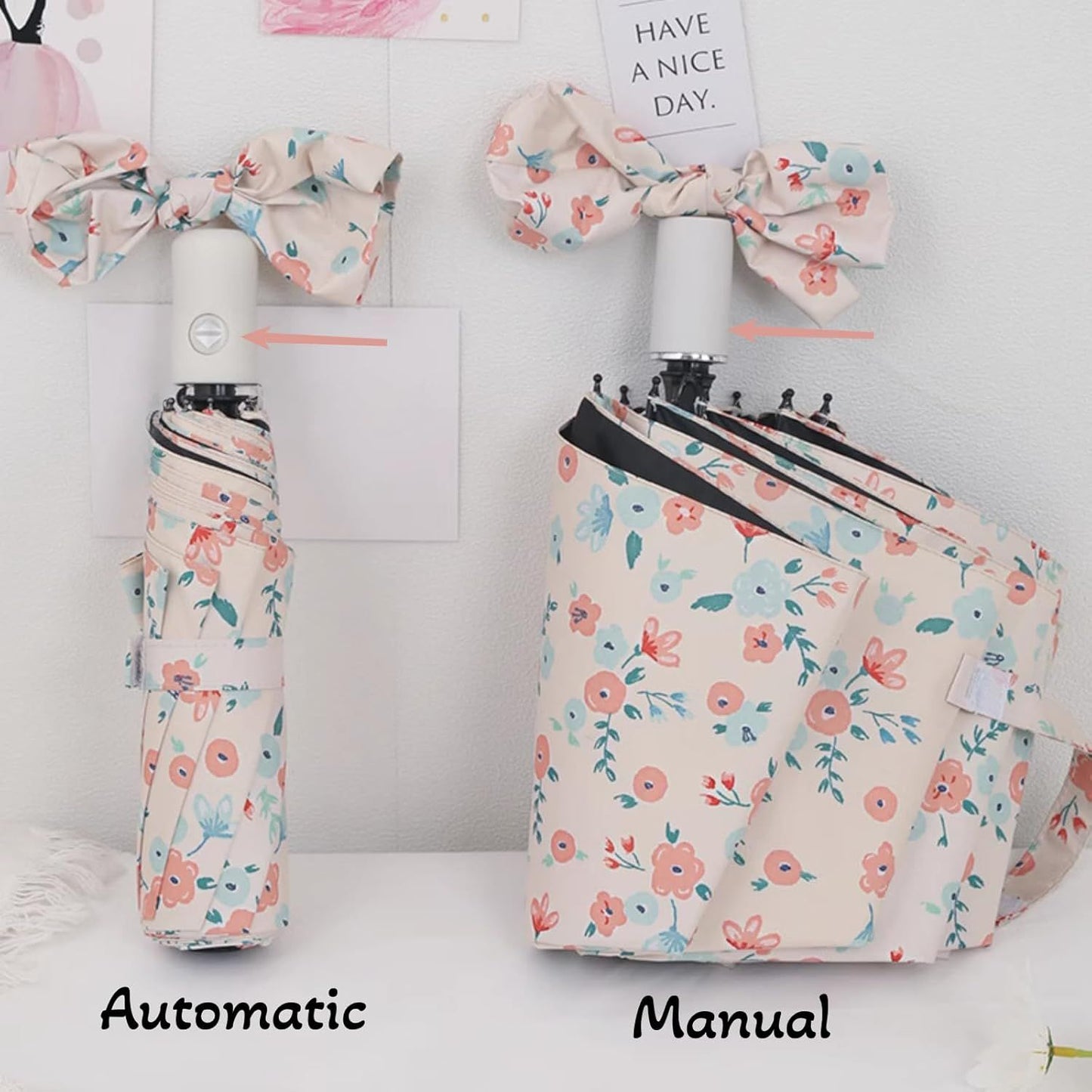French Style Floral Foldable UV Protection Umbrella for Women, Automatic Open Close Sun & Rain Portable Mini Compact Travel Umbrellas