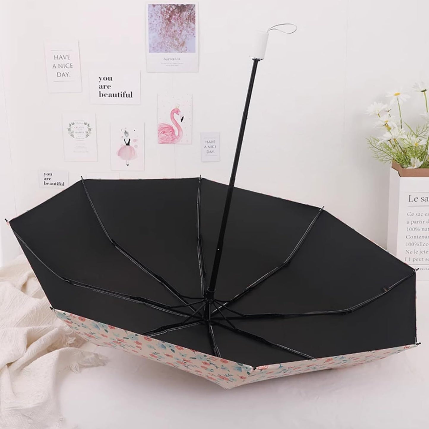 French Style Floral Foldable UV Protection Umbrella for Women, Automatic Open Close Sun & Rain Portable Mini Compact Travel Umbrellas