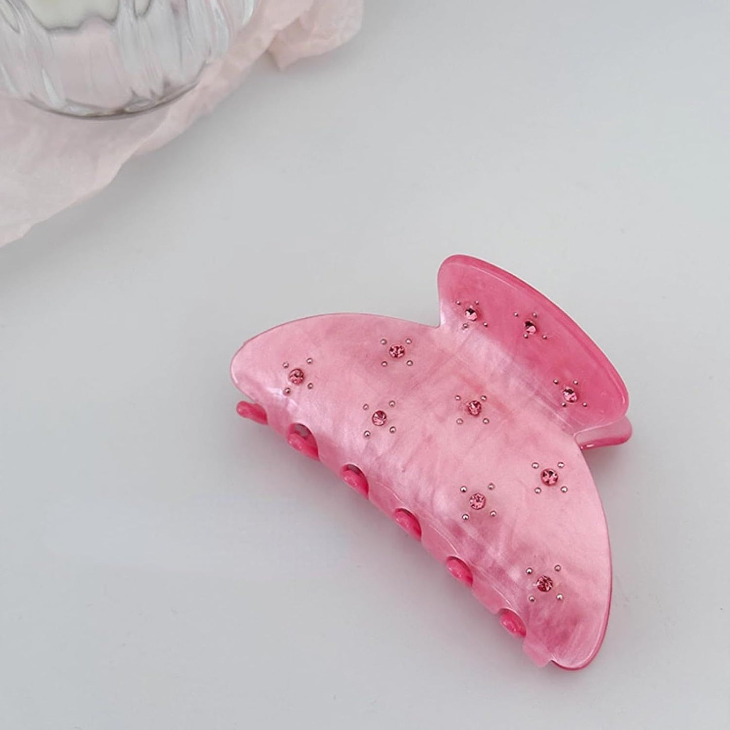 2 Pcs Bright Pink Hair Claws with Sparkling Small Gems, Elegant Starry Medium Hair Clip for Half Up Hairstyles (Pink + Rose)