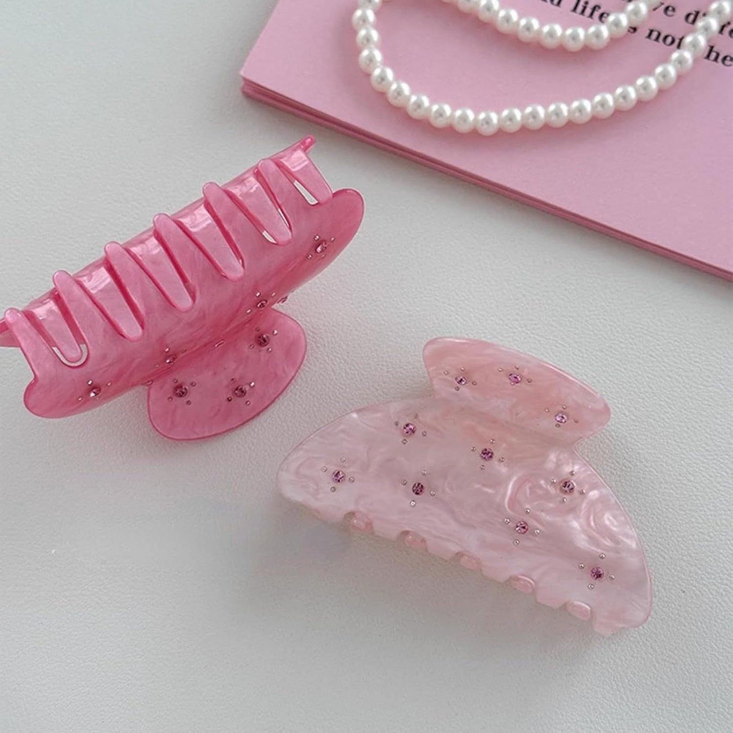 2 Pcs Bright Pink Hair Claws with Sparkling Small Gems, Elegant Starry Medium Hair Clip for Half Up Hairstyles (Pink + Rose)