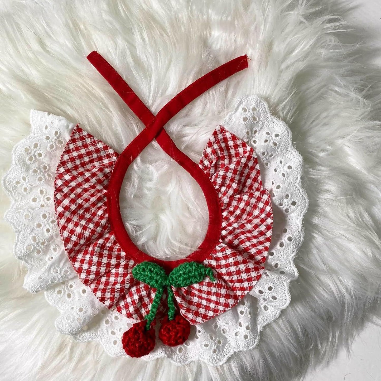 Cute Dog Cat Bandana, Pet Accessory Collar with Red Plaids Lace Edge Knitted Cherry Strawberry Charm (Cherry,XL)