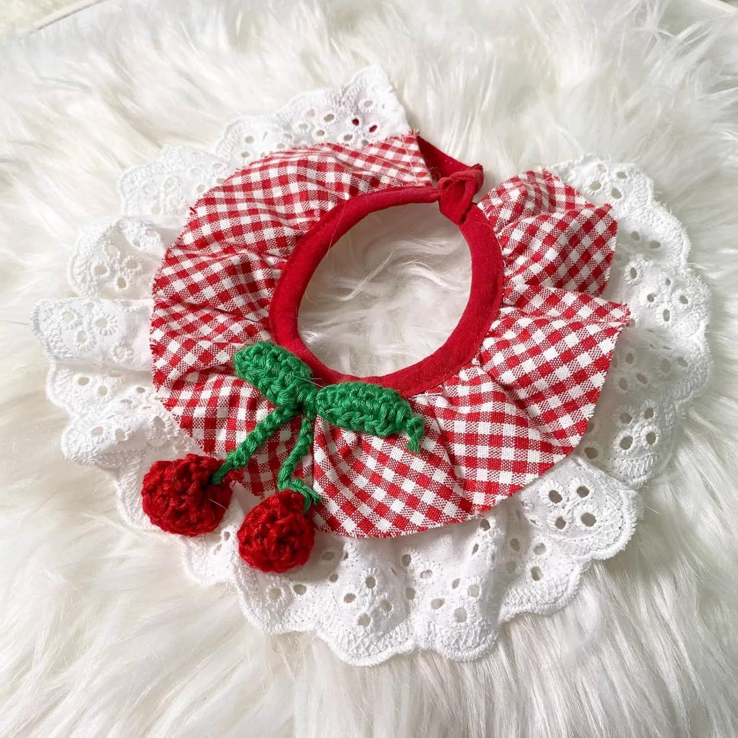 Cute Dog Cat Bandana, Pet Accessory Collar with Red Plaids Lace Edge Knitted Cherry Strawberry Charm (Cherry,XL)
