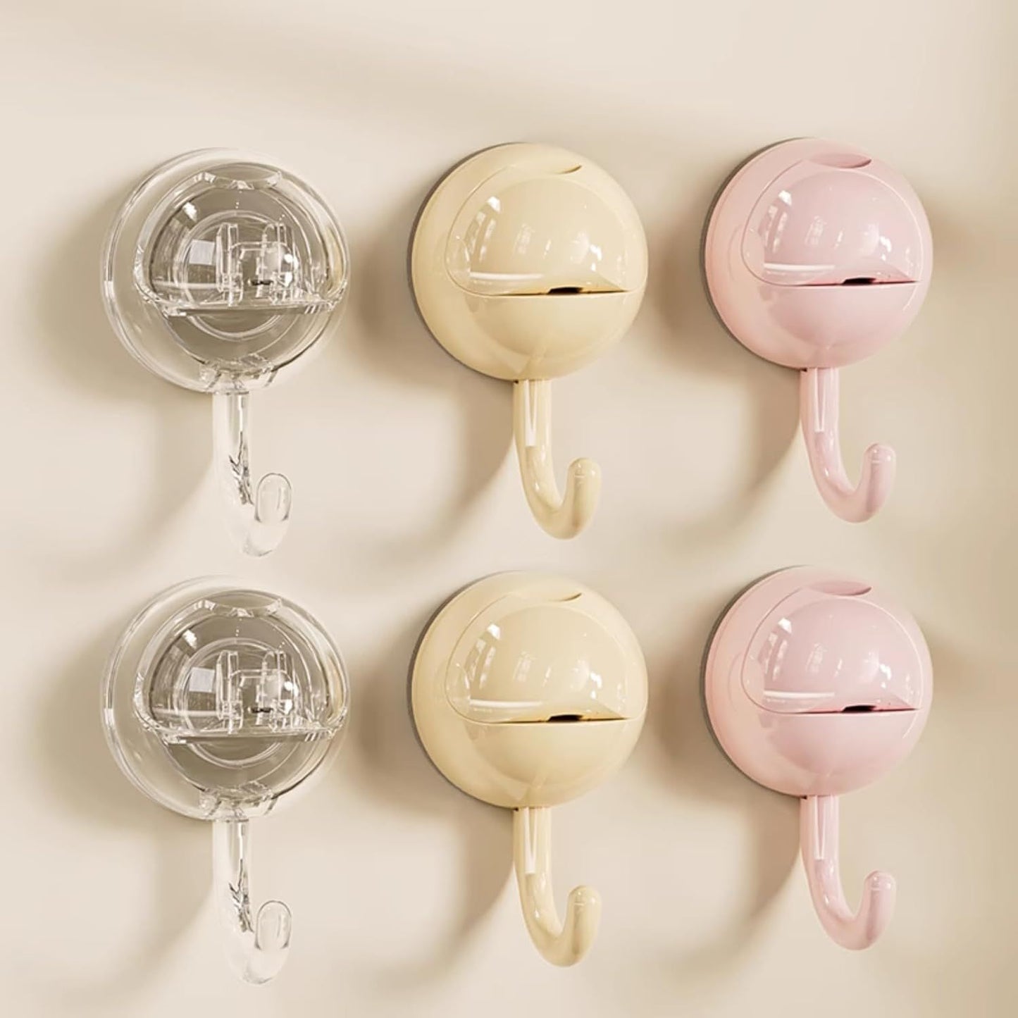No-Drill Round Vacuum Suction Cup Hooks Pastel Colors, Strong Hold No-Trace Storage Hangers for Kitchen Bathroom Towel (Clear Beige Pink,6)