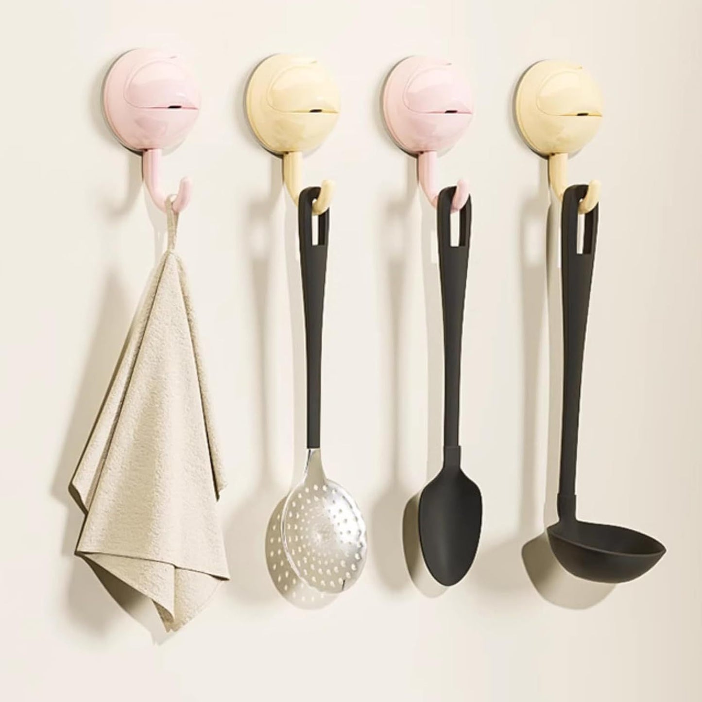 No-Drill Round Vacuum Suction Cup Hooks Pastel Colors, Strong Hold No-Trace Storage Hangers for Kitchen Bathroom Towel (Clear Beige Pink,6)