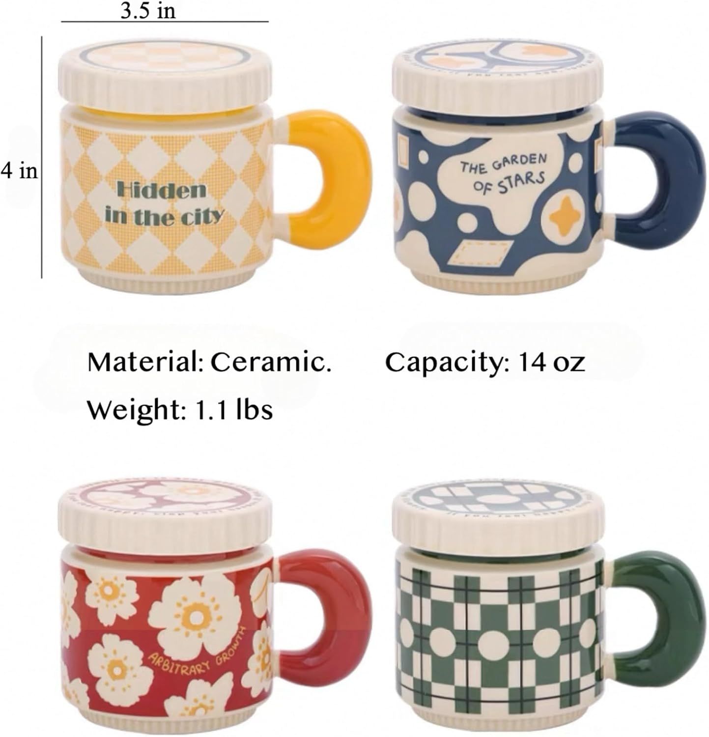 14 Oz Luxe Ceramic Coffee Mug Tea Mug with Lid Handle Floral/Stars/Plaid Design, Elegant Water Cup Cereal Bowl Ice Cream Bowl (green,14 Oz)