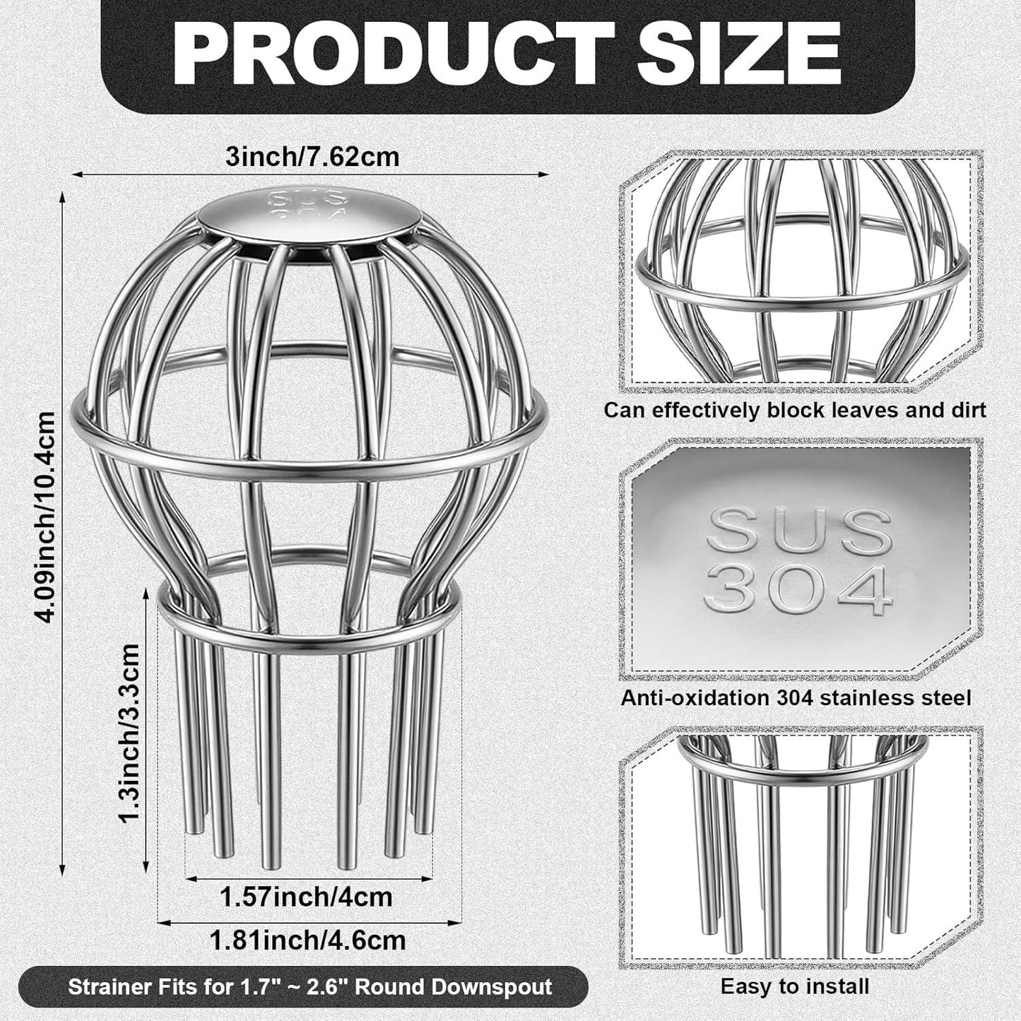 6 Pack Gutter Guard 2 Inch, 304 Stainless Steel Filter Strainer Fits 1.7" to 2.4" Downspout Filter Protector for Blockage Leaves, Seeds, Twigs and Debris