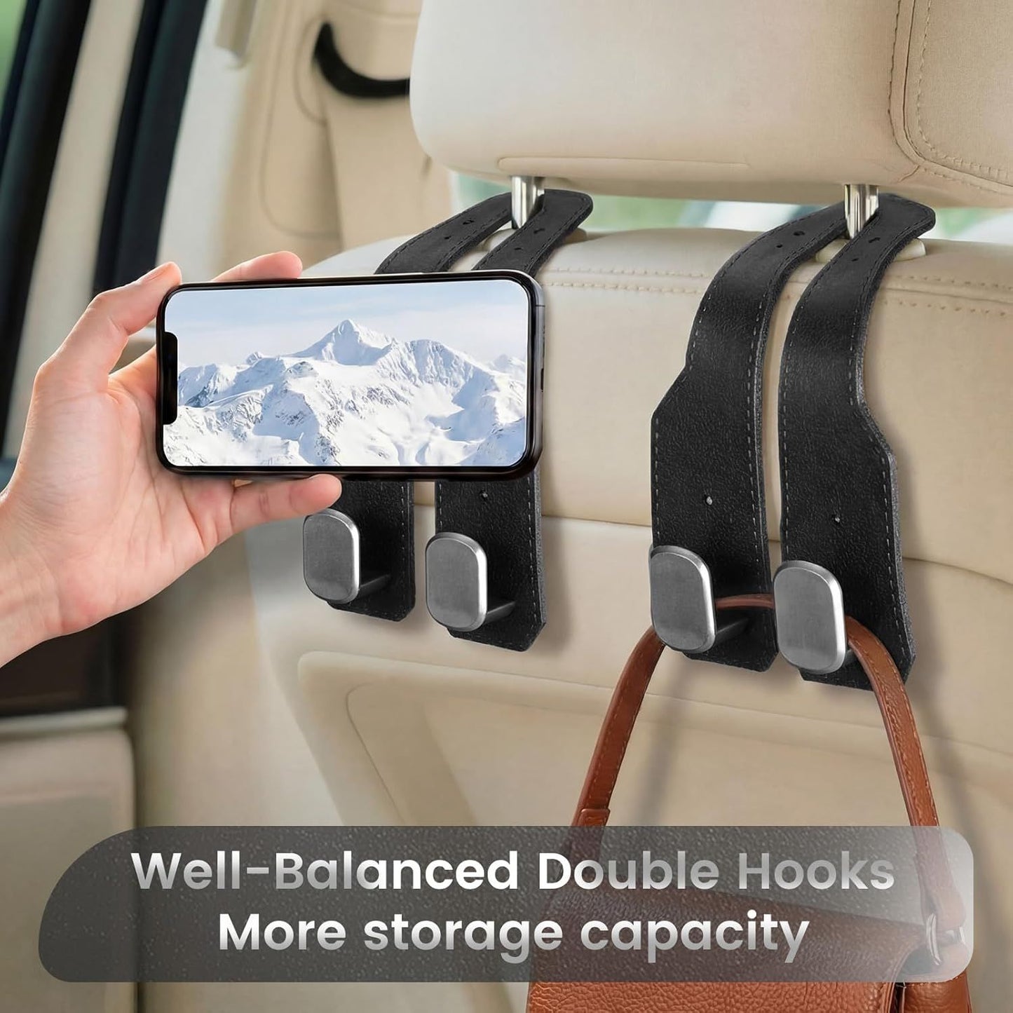 8 Pcs Car Headrest Hooks Purse Holder for Car Seat Headrest Universal Leather Bag Holder with Double Metal Hooks Seat Back Hanger for Handbags Grocery Bags Phones(Black)