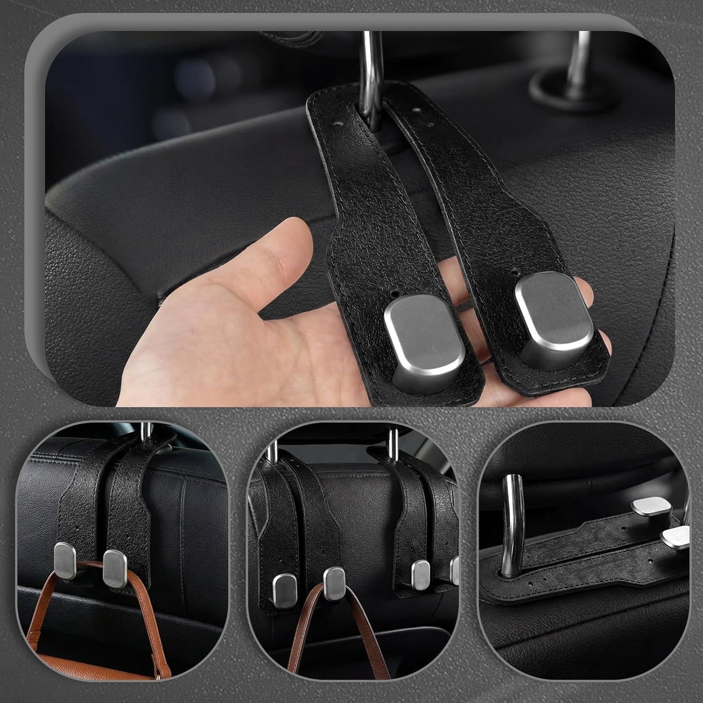 8 Pcs Car Headrest Hooks Purse Holder for Car Seat Headrest Universal Leather Bag Holder with Double Metal Hooks Seat Back Hanger for Handbags Grocery Bags Phones(Black)