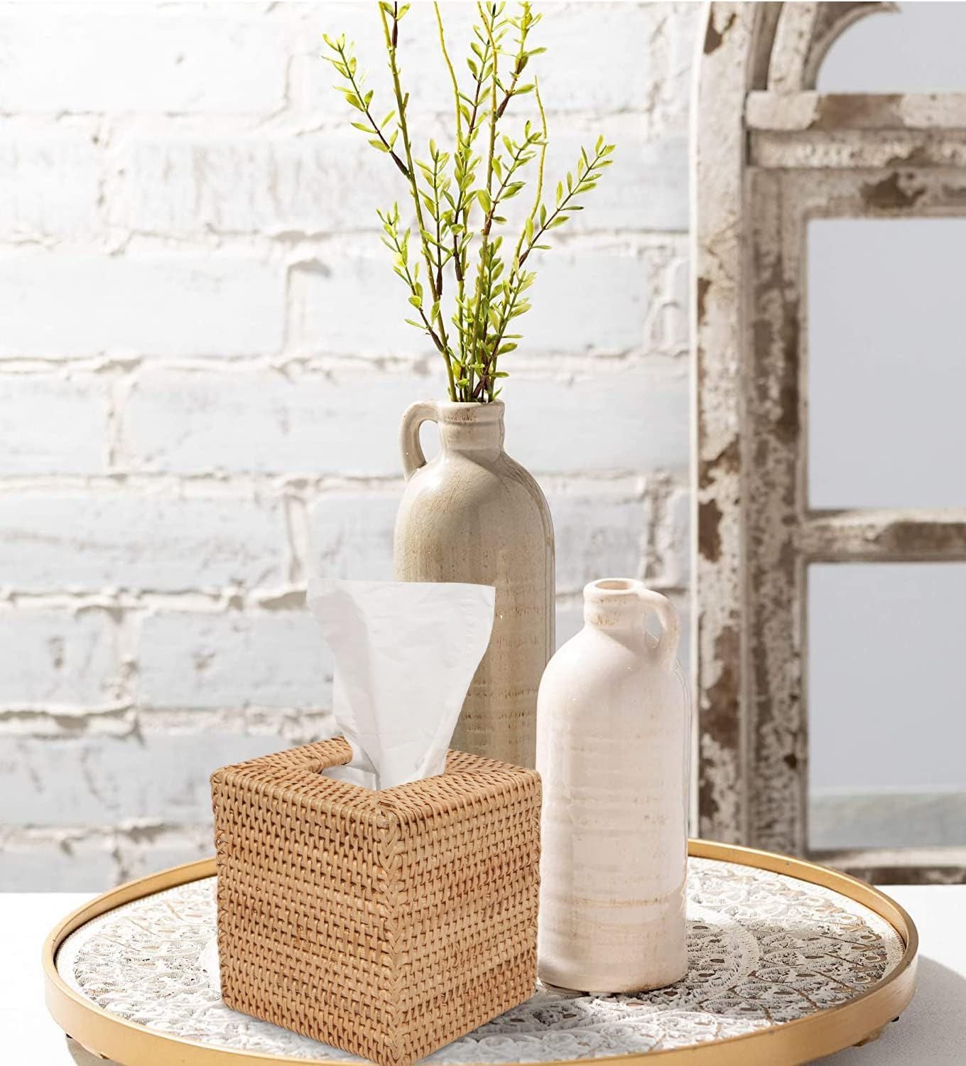 Rattan Tissue Box Cover, Square Hand Woven Natural Wicker Tissue Box Holder, Decorative Facial Napkin Holder Tissue Box Organizer Dispenser | Natural