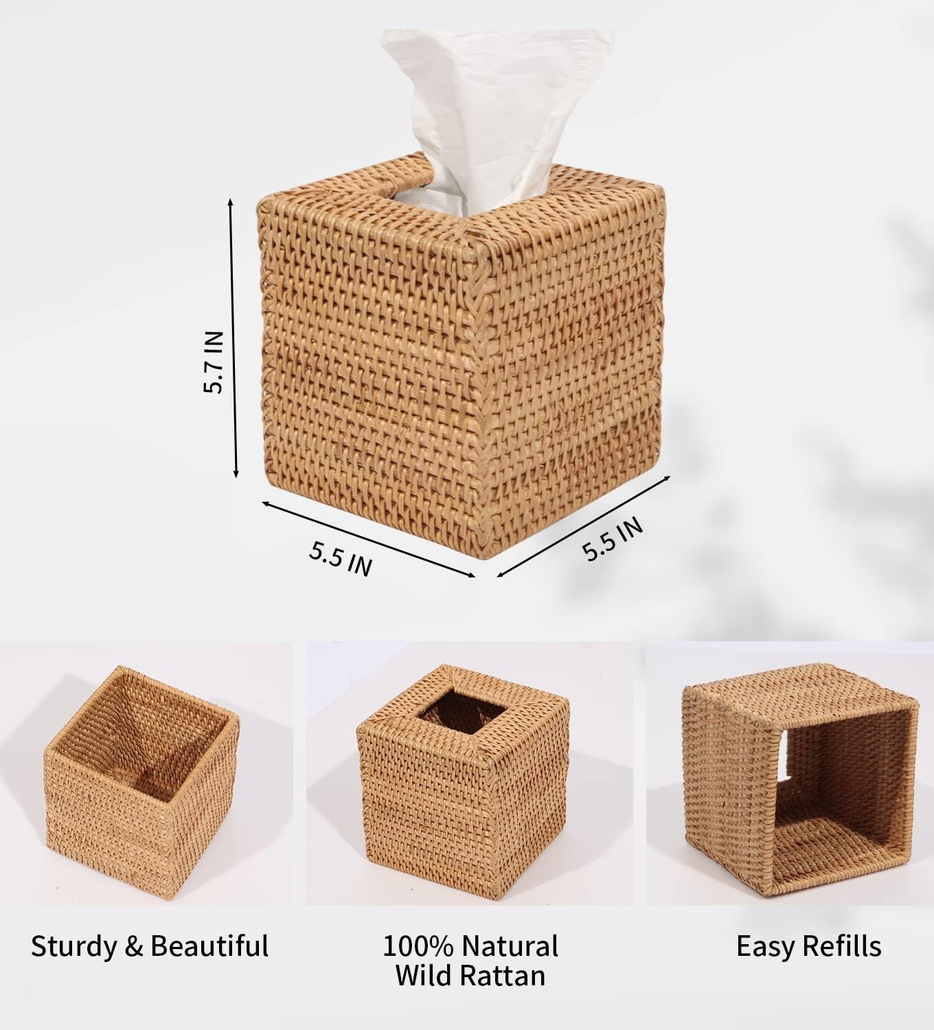 Rattan Tissue Box Cover, Square Hand Woven Natural Wicker Tissue Box Holder, Decorative Facial Napkin Holder Tissue Box Organizer Dispenser | Natural