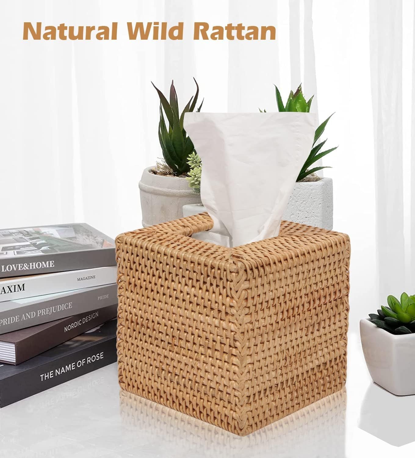Rattan Tissue Box Cover, Square Hand Woven Natural Wicker Tissue Box Holder, Decorative Facial Napkin Holder Tissue Box Organizer Dispenser | Natural