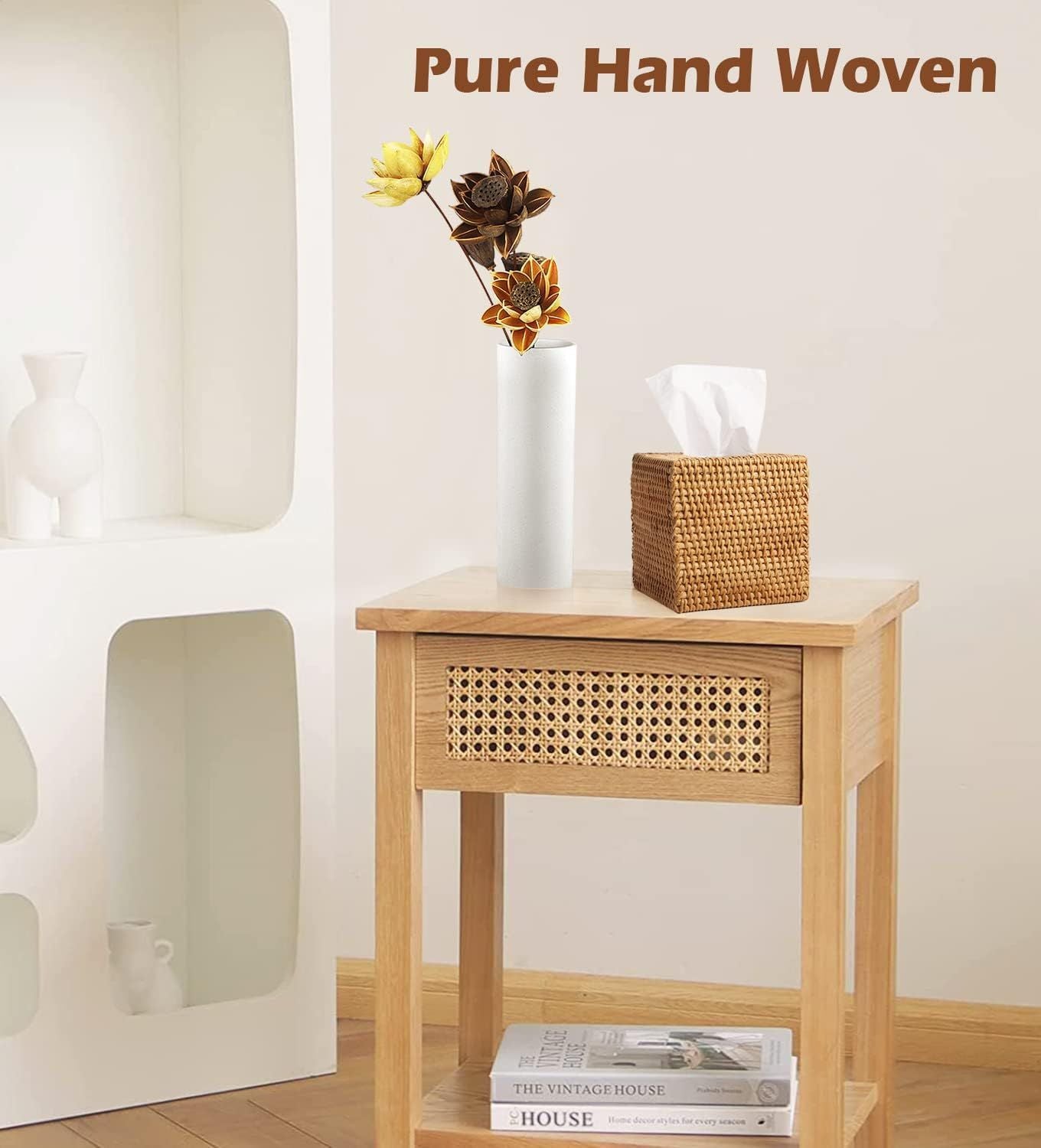 Rattan Tissue Box Cover, Square Hand Woven Natural Wicker Tissue Box Holder, Decorative Facial Napkin Holder Tissue Box Organizer Dispenser | Natural