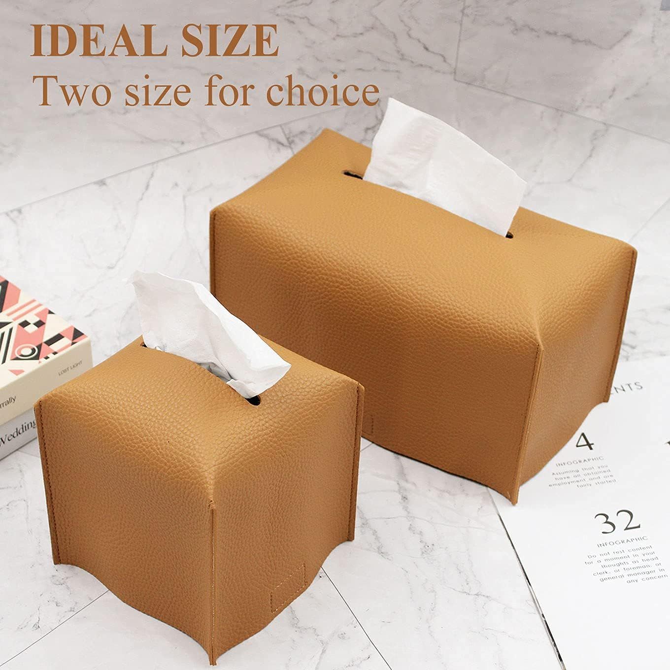 Tissue Box Cover, Modern PU Leather Tissue Box Holder - Decorative Holder/Organizer for Bathroom Vanity Countertop, Night Stands, Office Desk & Car