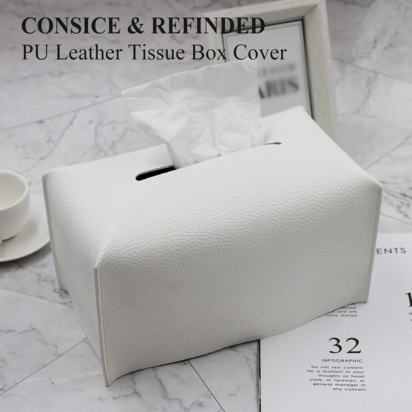 Tissue Box Cover, Modern PU Leather Tissue Box Holder - Decorative Holder/Organizer for Bathroom Vanity Countertop, Night Stands, Office Desk & Car - Off White