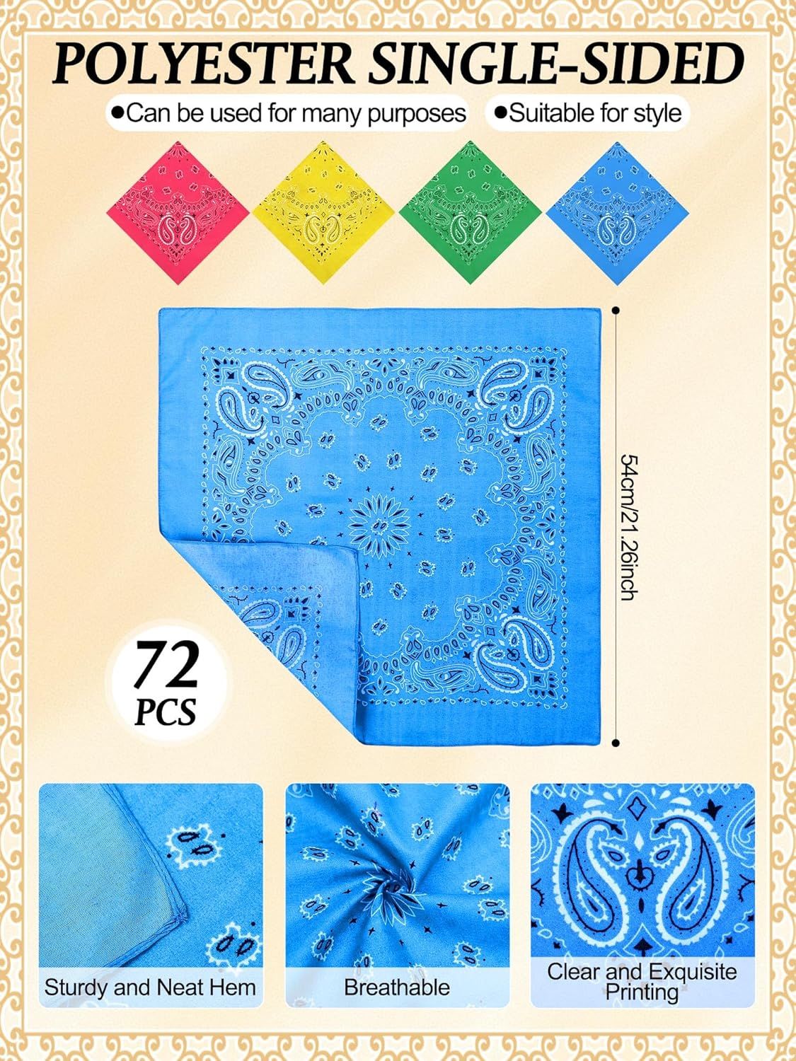 72 Pieces Paisley Bandanas Bulk Cowboy Paisley Bandanas Unisex Head Wrap Scarf for Western Party Costume