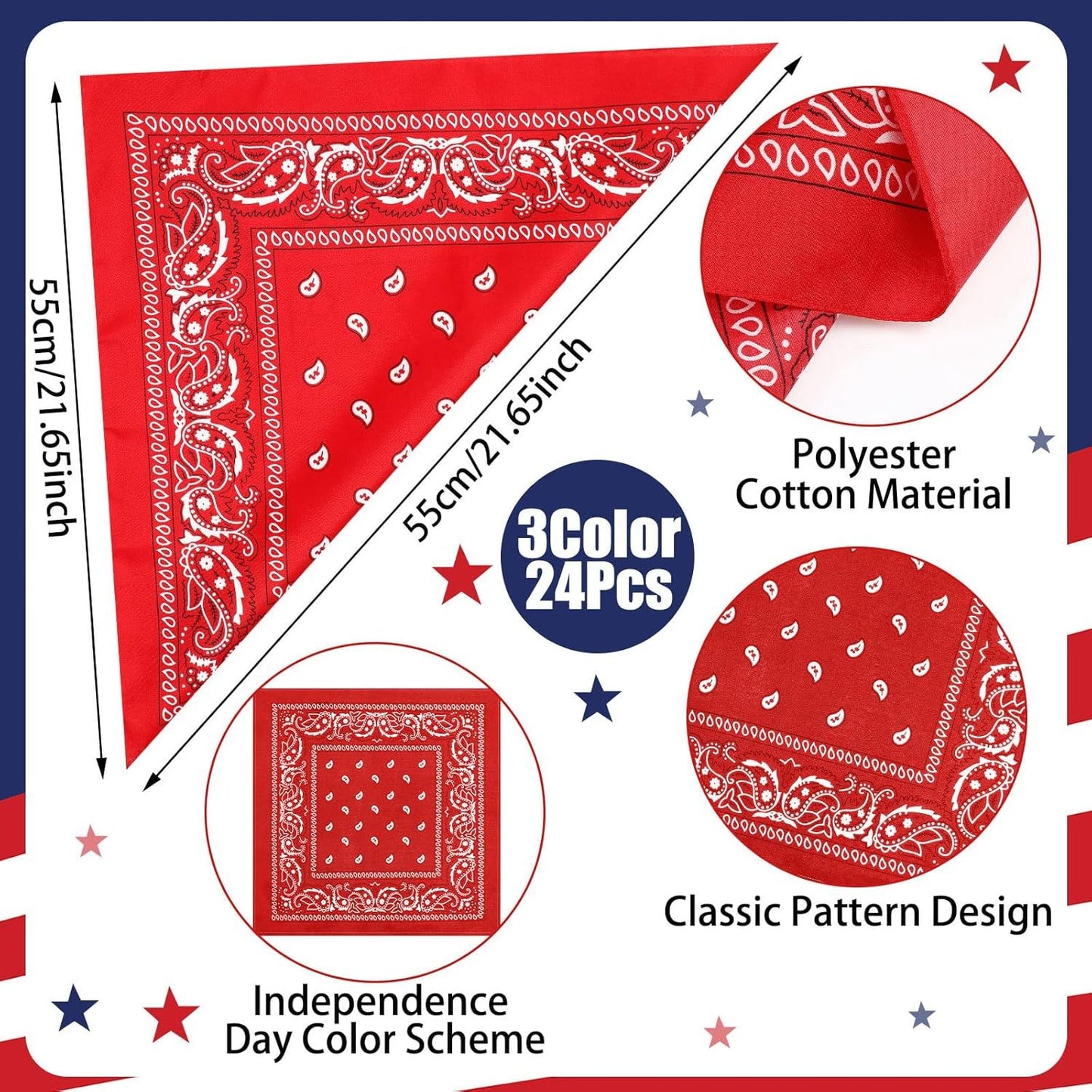 24 Pcs Paisley Bandanas Red White Blue Headband for Men and Women 4th of July 250 Anniversary Versatile Decoration Handkerchief Patriotic Bandana for Tabletop Wreath Banner Flags Decor