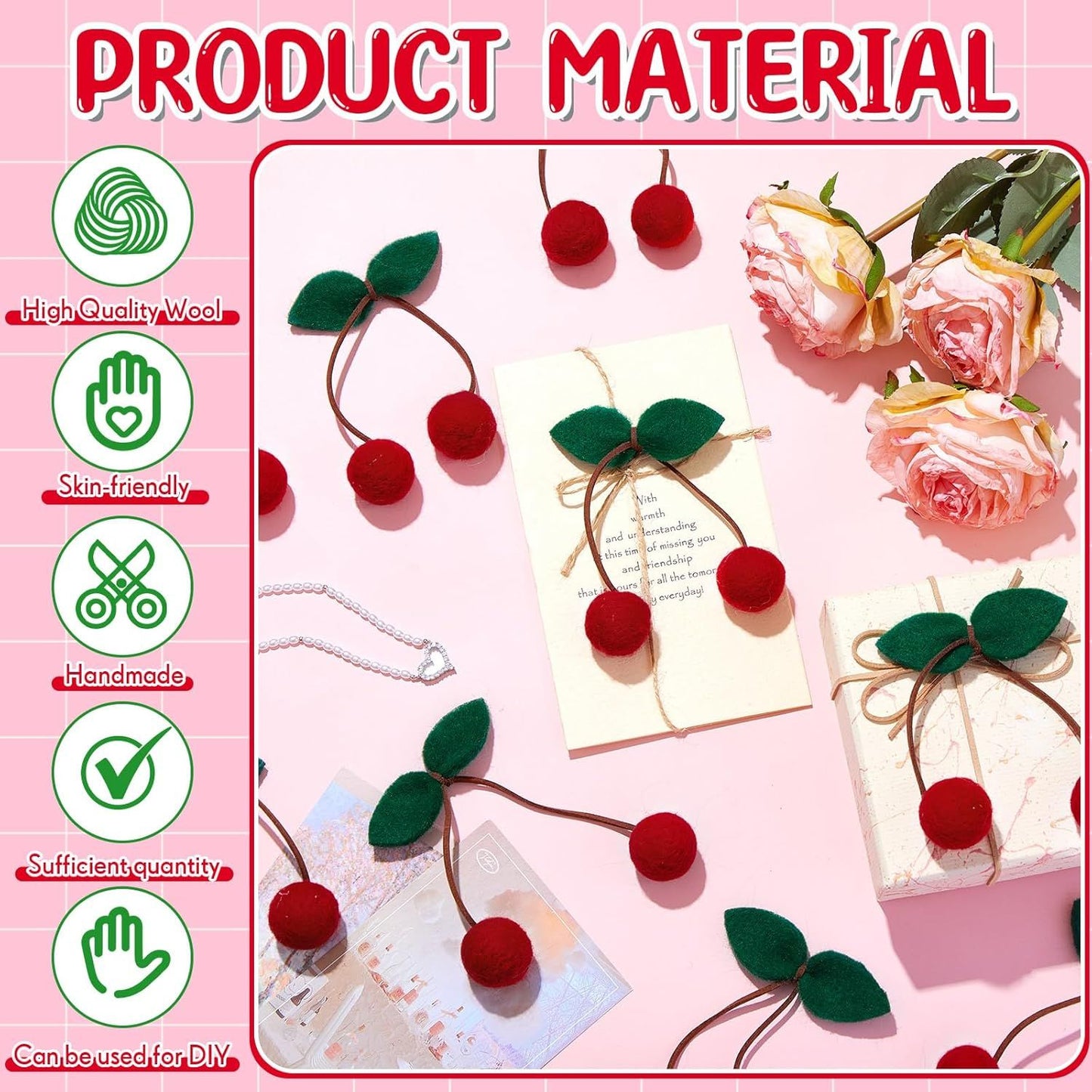 20 Pcs Cherry Party Decor Cherry Felt Balls DIY Garland Craft Handmade Cute Wool Pompom Fruit Baby Shower Decorations for Birthday Baby Shower Party Wedding Home Favors