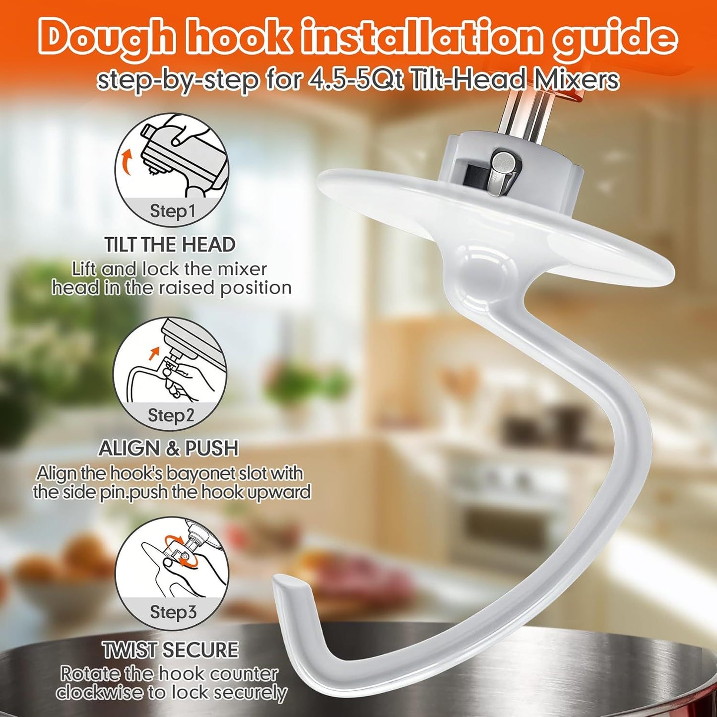 K45DH Dough Hook for KitchenAid 4.5–5 Quart Tilt-Head Stand Mixers, Coated C-Shaped Bread Hook Attachment, Replacement for K45 K45SS KSM90 KSM150, Kneads Pizza & Yeast Dough