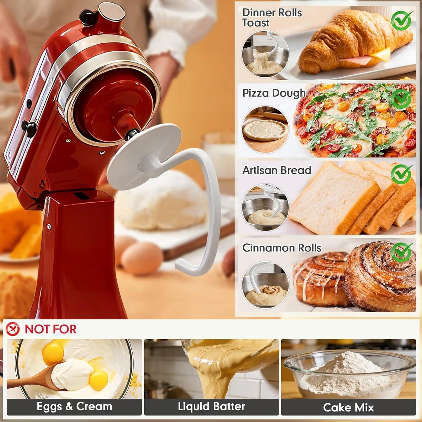 K45DH Dough Hook for KitchenAid 4.5–5 Quart Tilt-Head Stand Mixers, Coated C-Shaped Bread Hook Attachment, Replacement for K45 K45SS KSM90 KSM150, Kneads Pizza & Yeast Dough