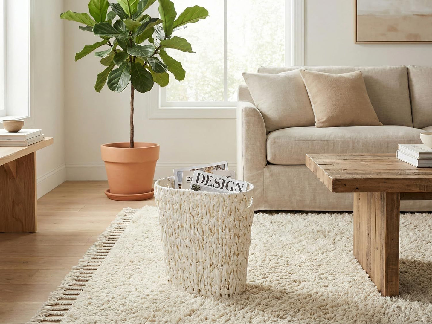Wicker Trash Can,Bathroom Trash Can,Waterproof Wicker Waste Basket for Bathroom,Narrow Small Waste Basket for Bedroom,Office, Cream White 5 Gallon