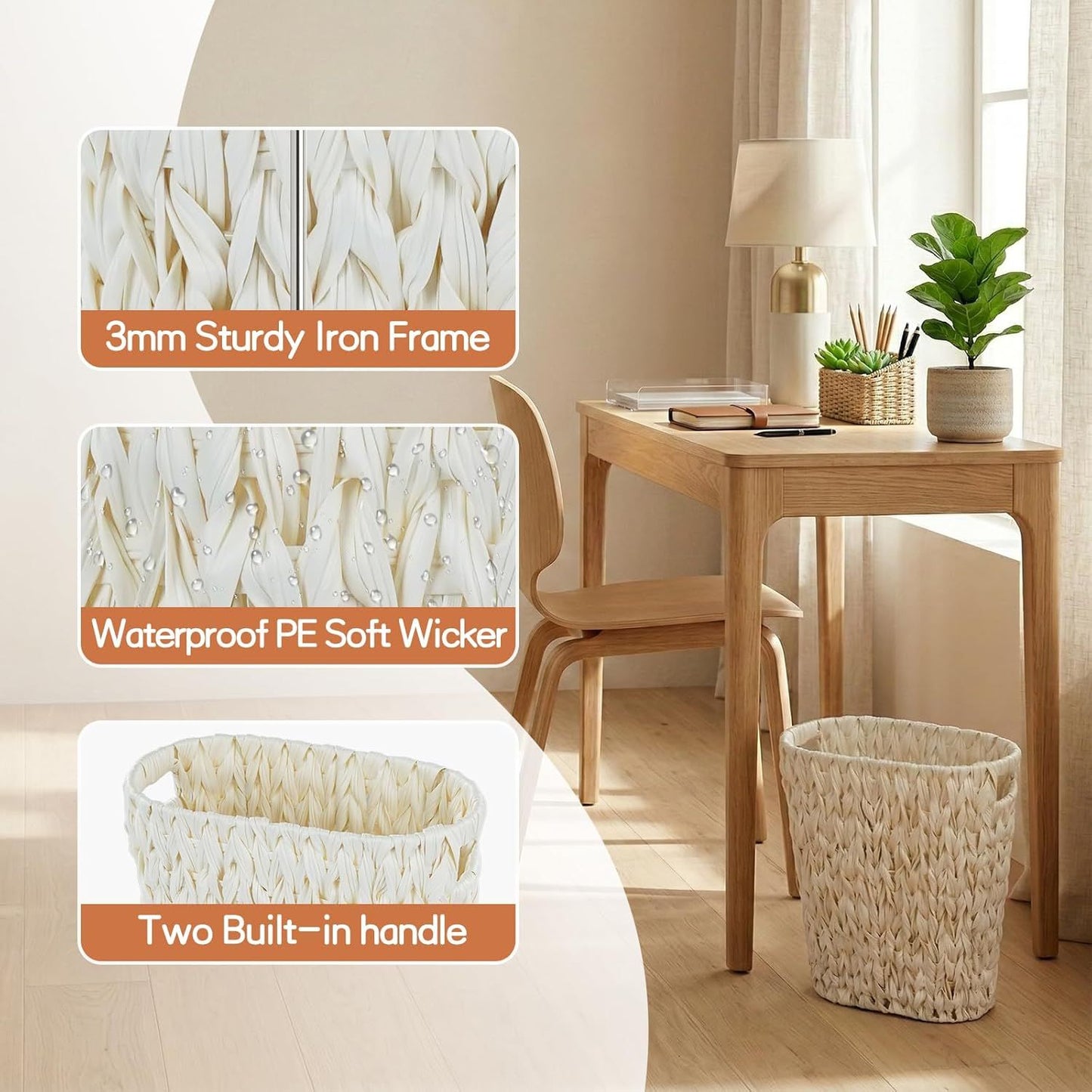 Wicker Trash Can,Bathroom Trash Can,Waterproof Wicker Waste Basket for Bathroom,Narrow Small Waste Basket for Bedroom,Office, Cream White 5 Gallon
