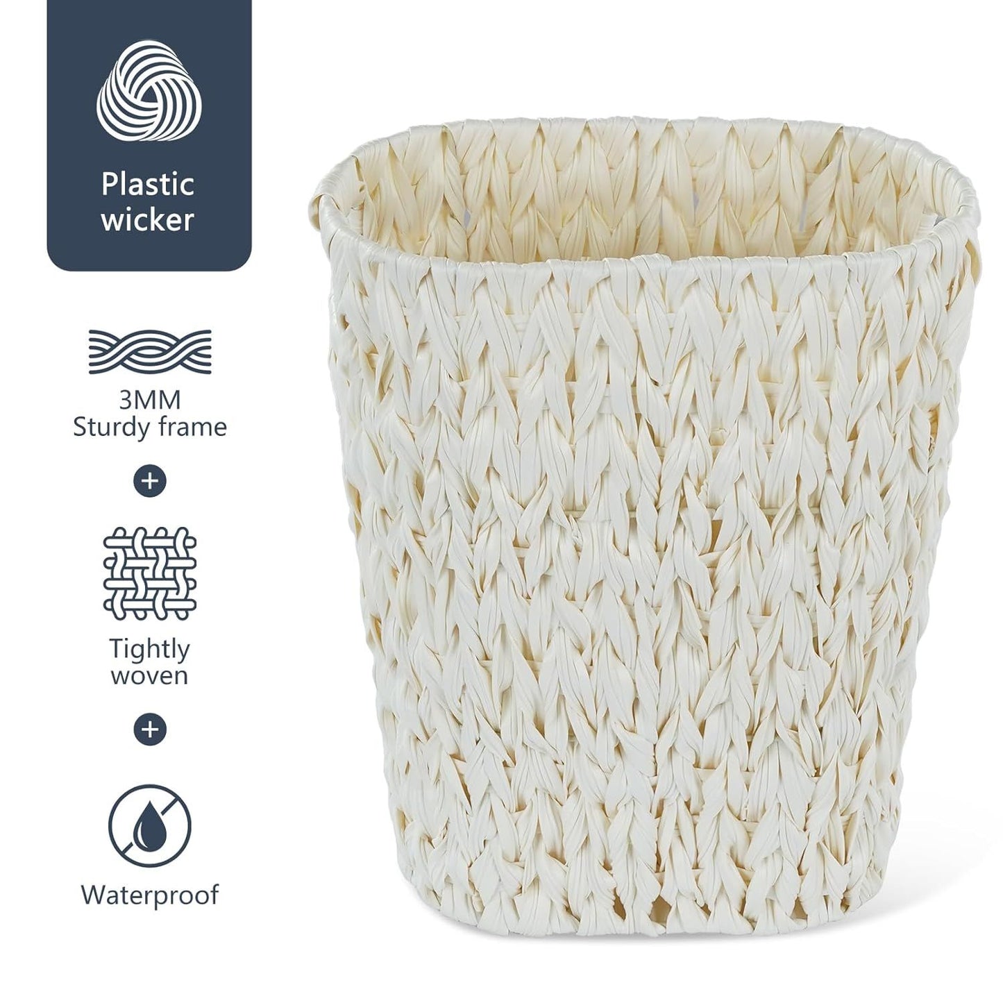 Wicker Trash Can,Bathroom Trash Can,Waterproof Wicker Waste Basket for Bathroom,Narrow Small Waste Basket for Bedroom,Office, Cream White 5 Gallon