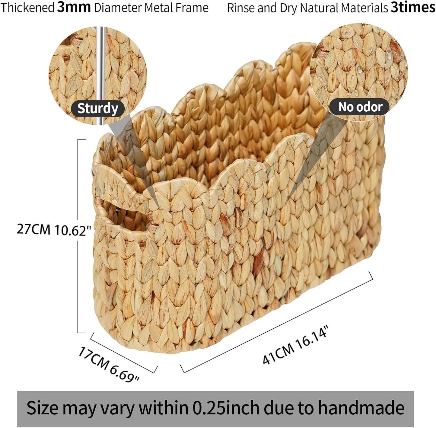 Toilet Paper Storage Basket,Scalloped Wicker Basket for Bathroom Organizers and Storage,Hand-Woven Rattan Bathroom Decor Accessories,Natural Water Hyacinth