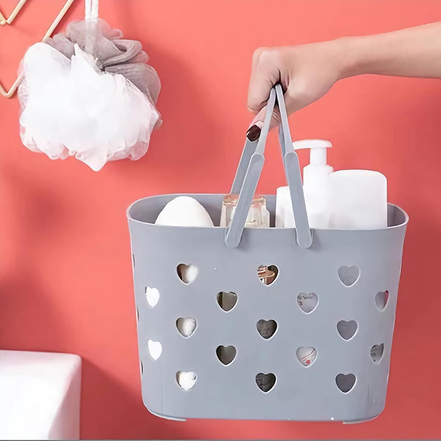 2 Pack Portable Shower Caddy Tote Plastic Storage Basket with Handle Box Organizer Bin for Bathroom, Pantry, Kitchen, College Dorm, Garage, Set of 2 - Pink & Grey