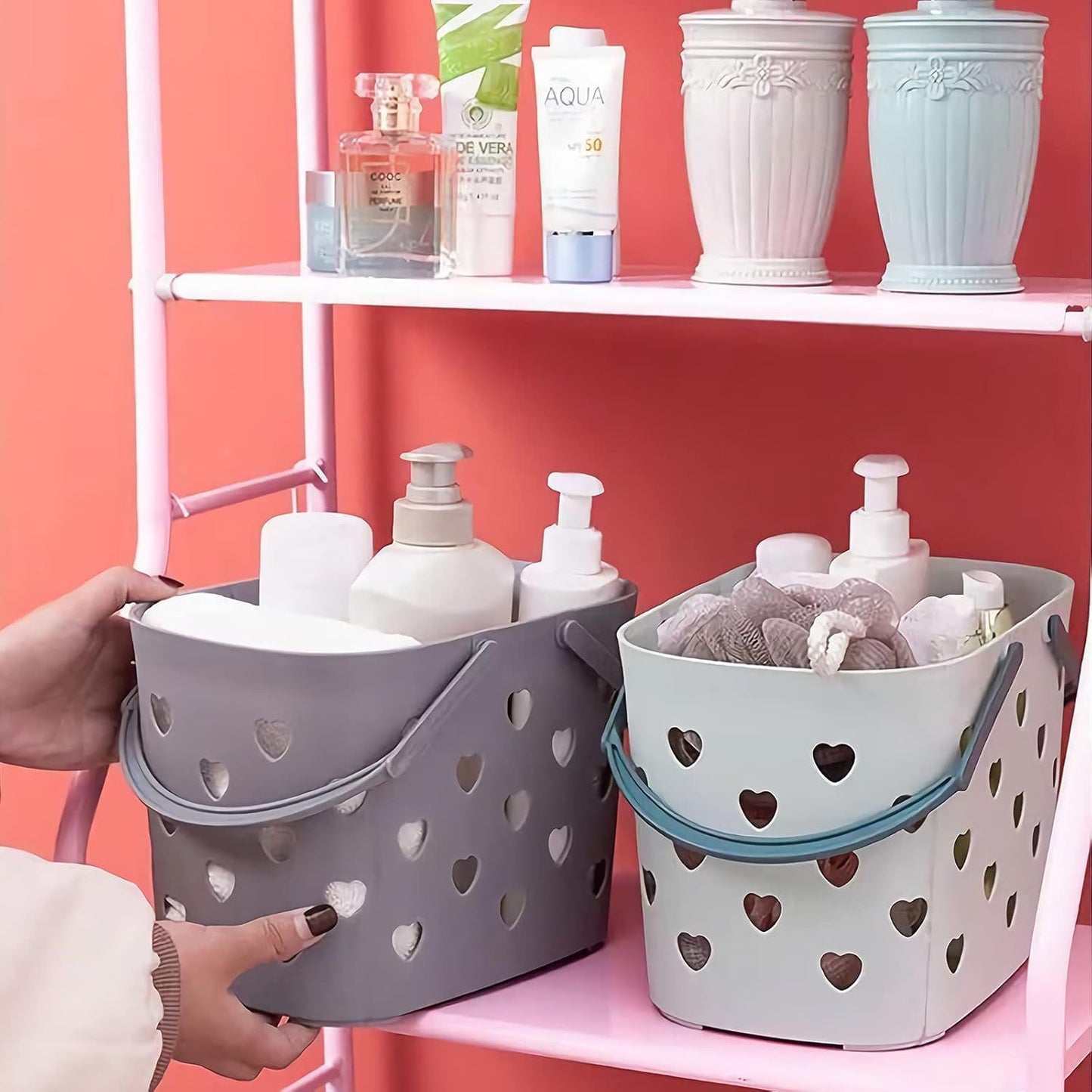 2 Pack Portable Shower Caddy Tote Plastic Storage Basket with Handle Box Organizer Bin for Bathroom, Pantry, Kitchen, College Dorm, Garage, Set of 2 - Pink & Grey