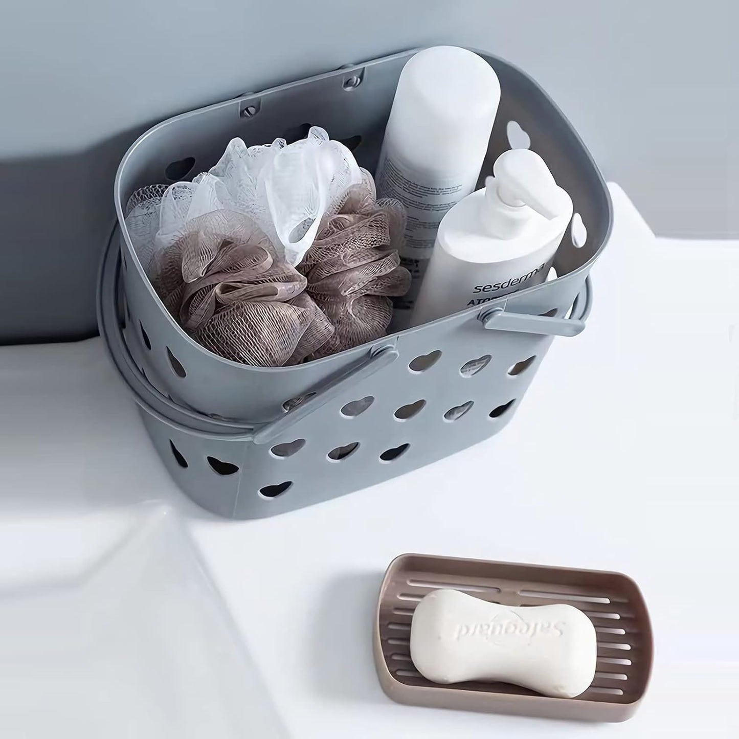 2 Pack Portable Shower Caddy Tote Plastic Storage Basket with Handle Box Organizer Bin for Bathroom, Pantry, Kitchen, College Dorm, Garage, Set of 2 - Pink & Grey