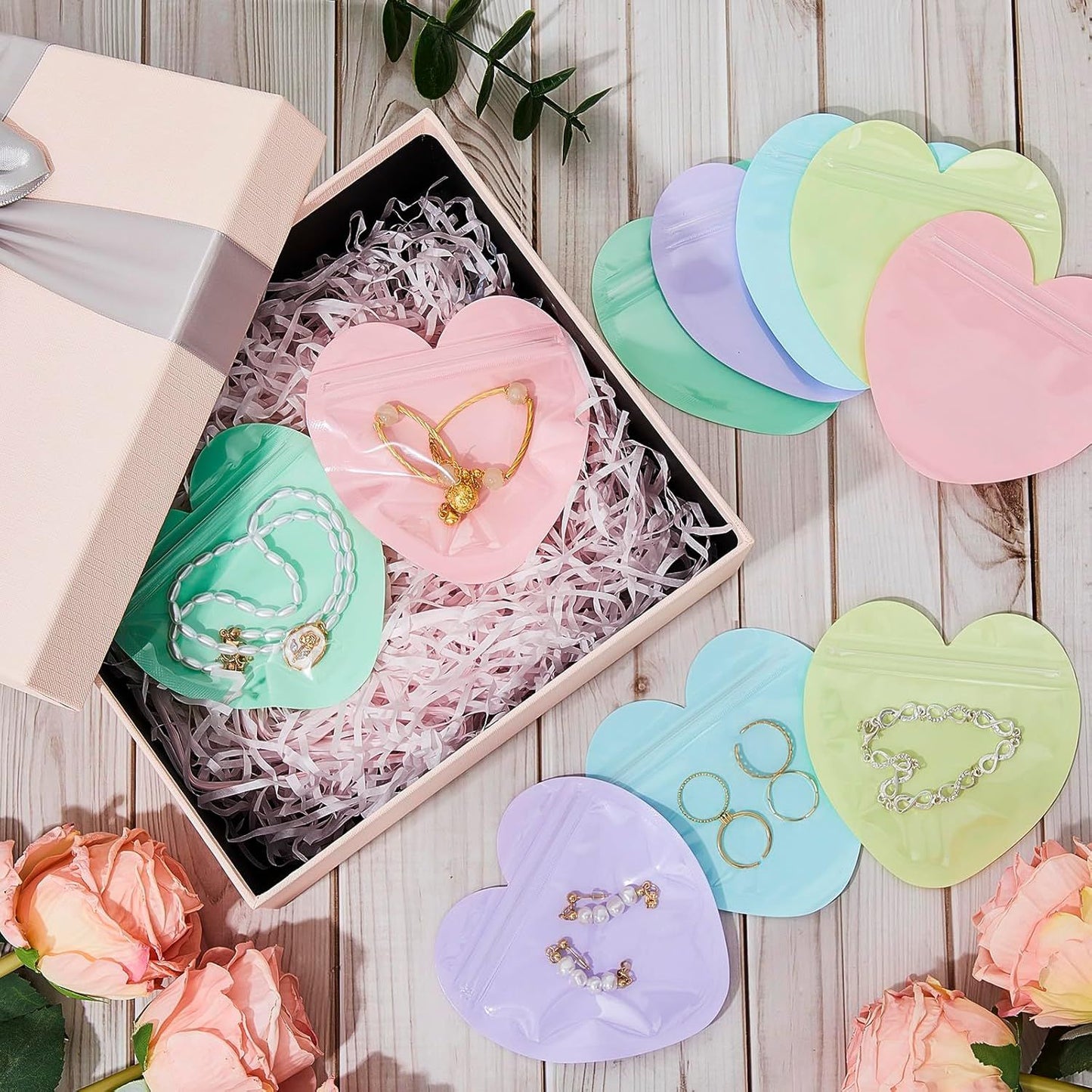 300 Pcs Heart Shaped Jewelry Bags 3.9 x 3.9 Inch Jewelry Packaging for Small Business Zip with Top Lock Baggies Cute Packaging Supplies for Necklace Earring Bracelets Sample(Mixed Color,Heart Shaped)