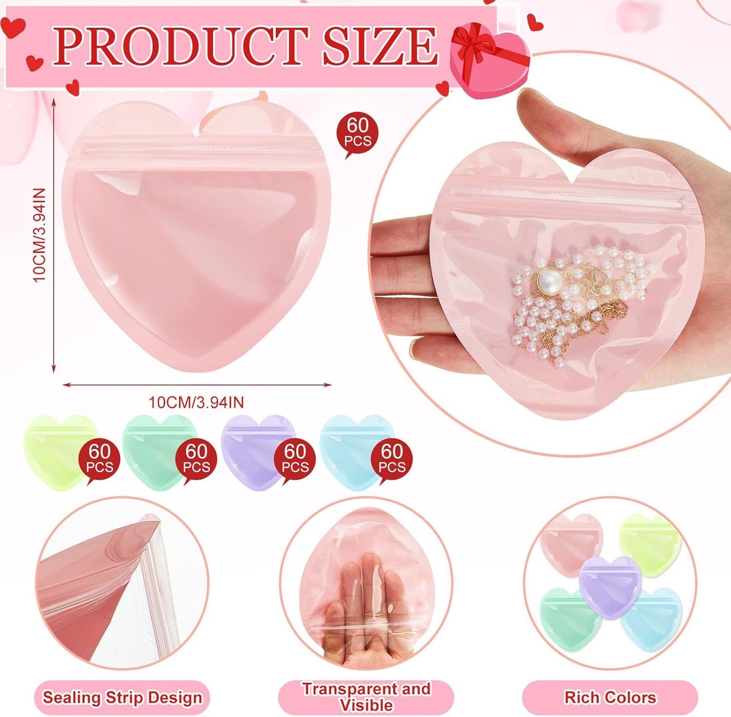 300 Pcs Heart Shaped Jewelry Bags 3.9 x 3.9 Inch Jewelry Packaging for Small Business Zip with Top Lock Baggies Cute Packaging Supplies for Necklace Earring Bracelets Sample(Mixed Color,Heart Shaped)
