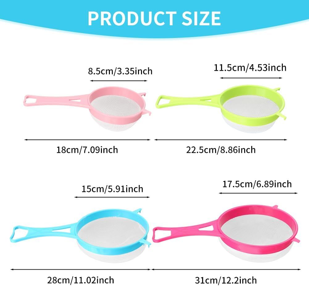 4Pcs Fine Mesh Strainer Set, Solid-Liquid Separator Gadget, Plastic Flour Colander with Non Slip Handles, Kitchen Tools for Yogurt Baking Tea Coffee Juice Pasta(4 Size)