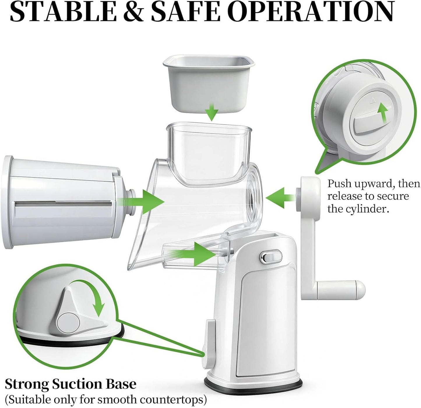 Rotary Cheese Grater Hand Crank - Cheese Shredder with 5 Blades & Storage Room, Easy to Clean, Stable Suction, Labor-Saving Handle, Rotary Grater Slicer for Fruit, Vegetables, Nuts, Chocolate
