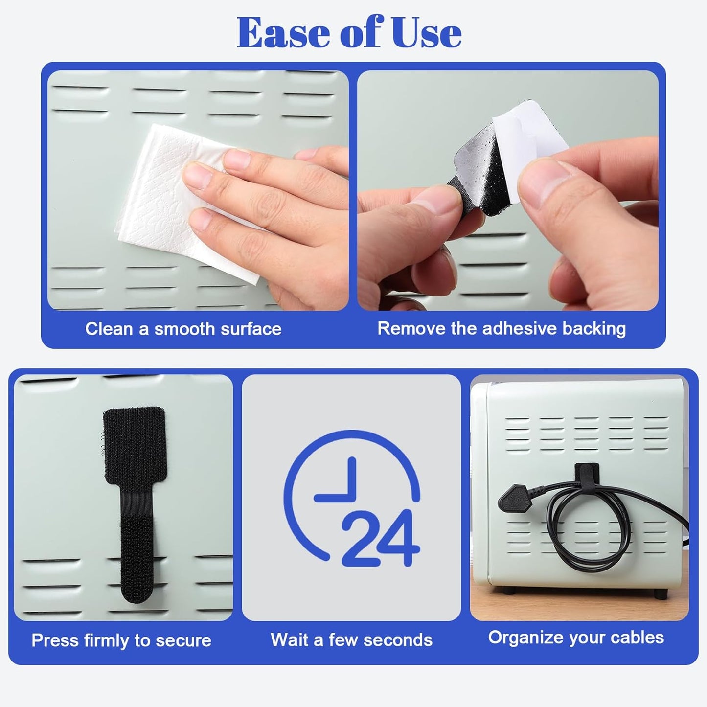 100 Pcs Hook and Loop Cable Ties, Self Adhesive Cable Management Desktop Cable Straps, Adjustable Cord Organizer for Desk Home Office Organization (Black)