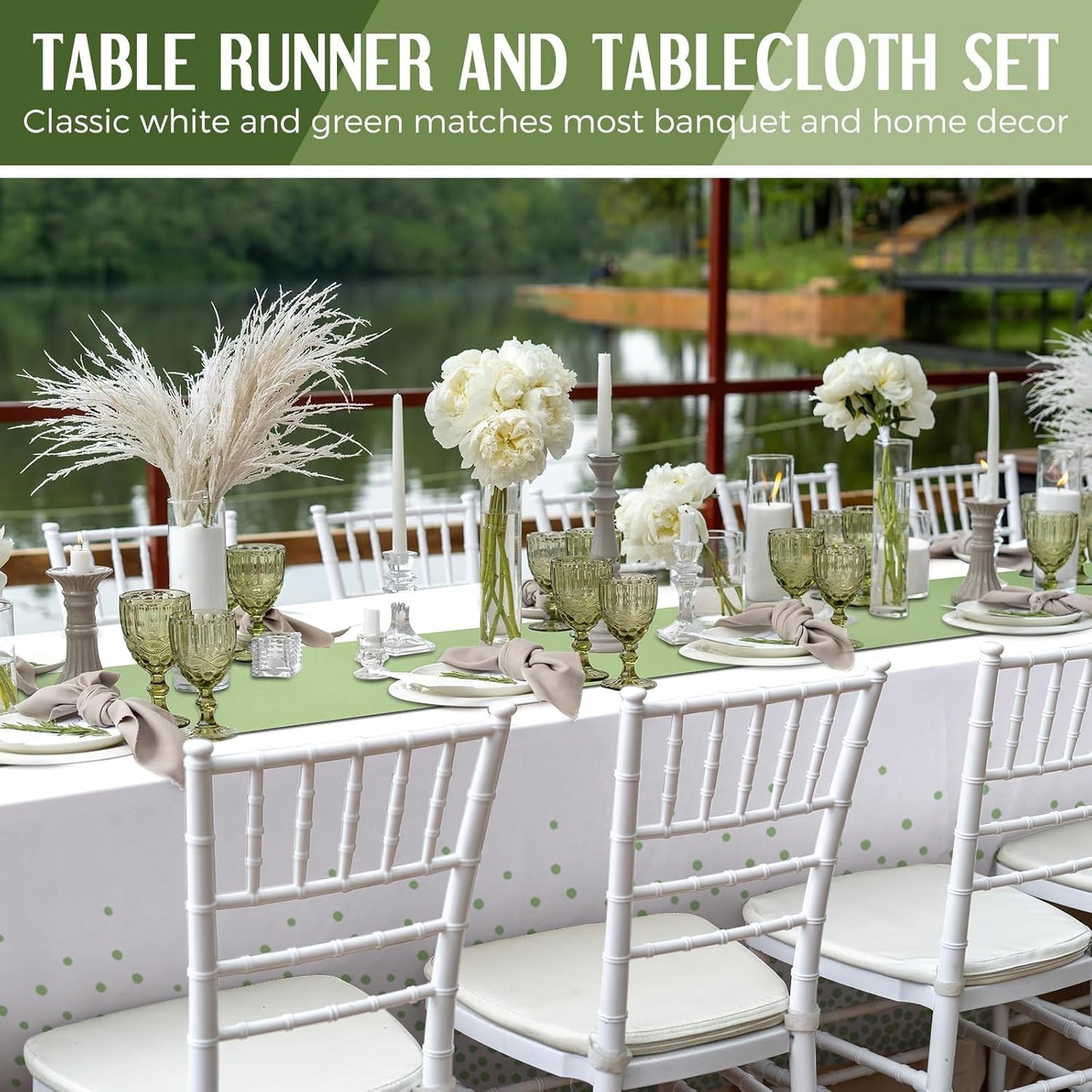 16 Pcs White and Sage Green Disposable Plastic Tablecloths and Satin Table Runner Set 54x108 Inch Tablecloth 12x108 Inch Table Runners for New Year Wedding Birthday Baby Shower Graduation