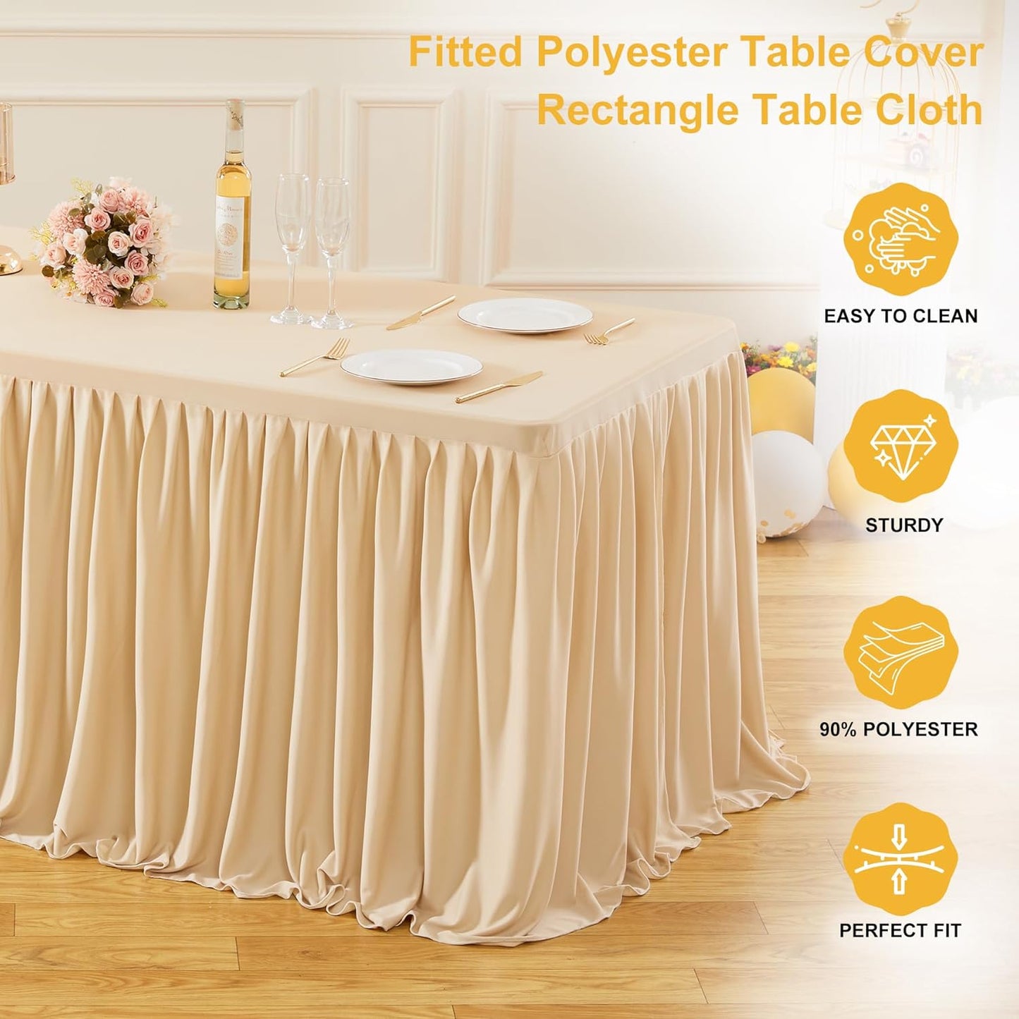 2 Pack Champagne Rectangle Table Clothes for 6 Foot Tables, Polyester Fitted Tablecloths 6t Stretch Table Cover for Wedding, Birthday, Parties, Trade Show, Craft Show