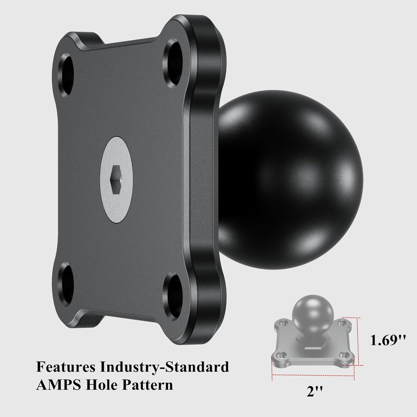 1'' Ball Mount Base with Aluminum Alloy 4-Hole AMPS Square Plate Compatible with RAM Mounts B Size 1 Inch Ball Double Socket Arm
